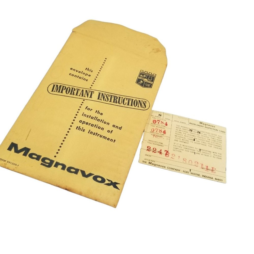 Television Ephemera Mid Century Magnavox TV Inspection Warranty Card Envelope